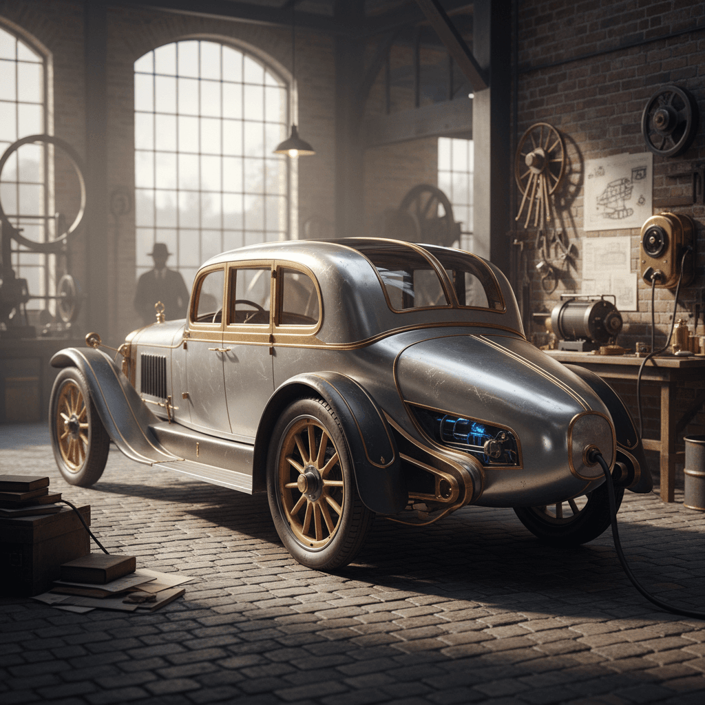 Vintage 19th-century electric car displayed in an automotive museum
