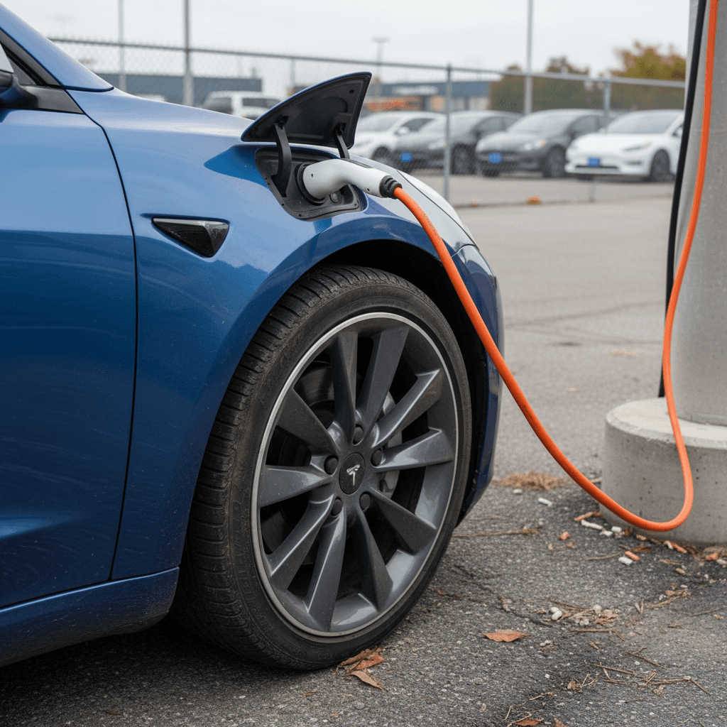 2020 Tesla Model 3 plugged into a home charger with focus on the charge port and rear badging