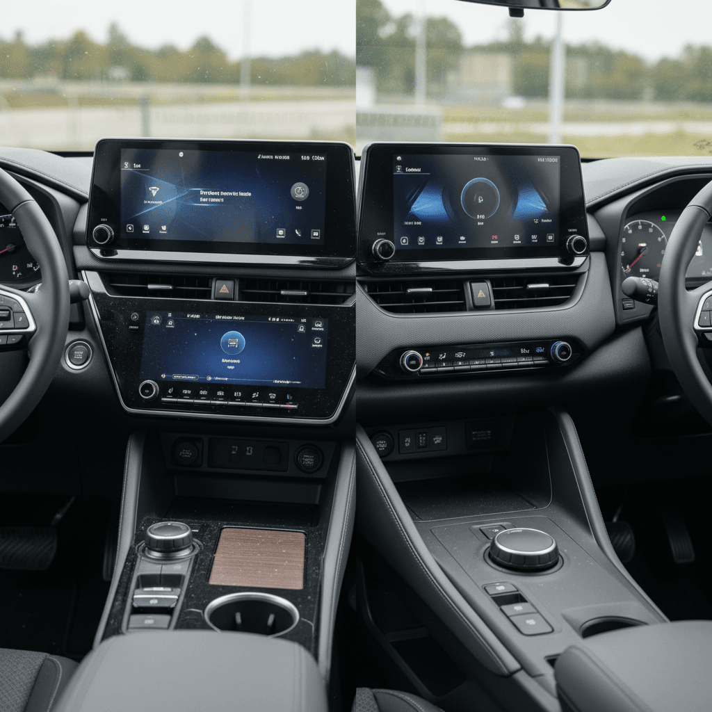 Spacious three-row electric SUV interior with modern dashboard and dual screens