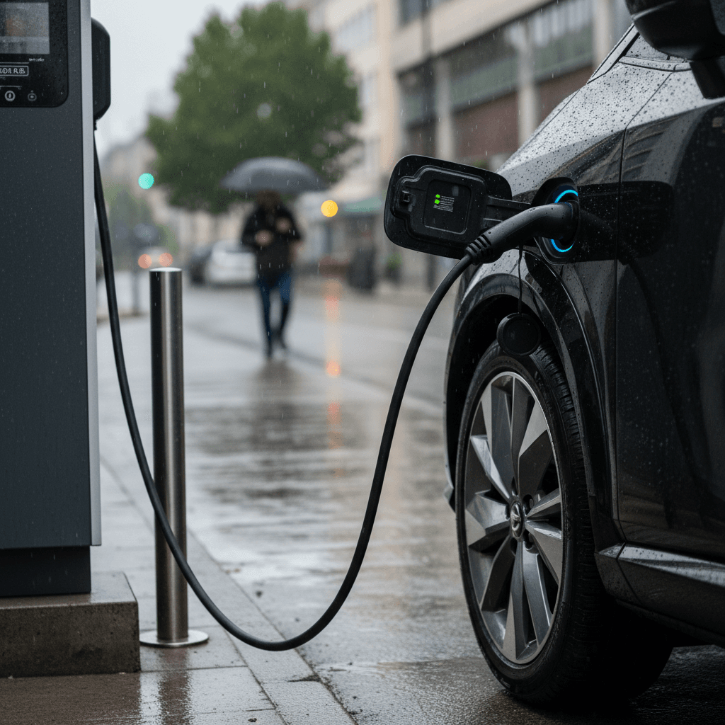 Close-up of a Nissan Ariya plugged into a public fast charger showing wheel and charge port