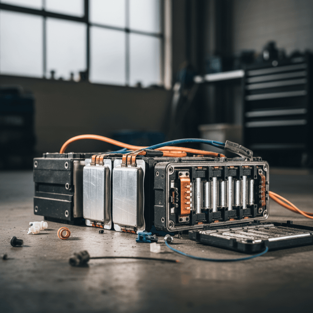 Undercarriage view of an electric vehicle showing the large flat battery pack