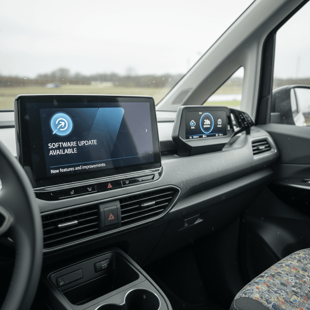 VW ID. Buzz infotainment and digital cockpit showing a software update notification on the central touchscreen