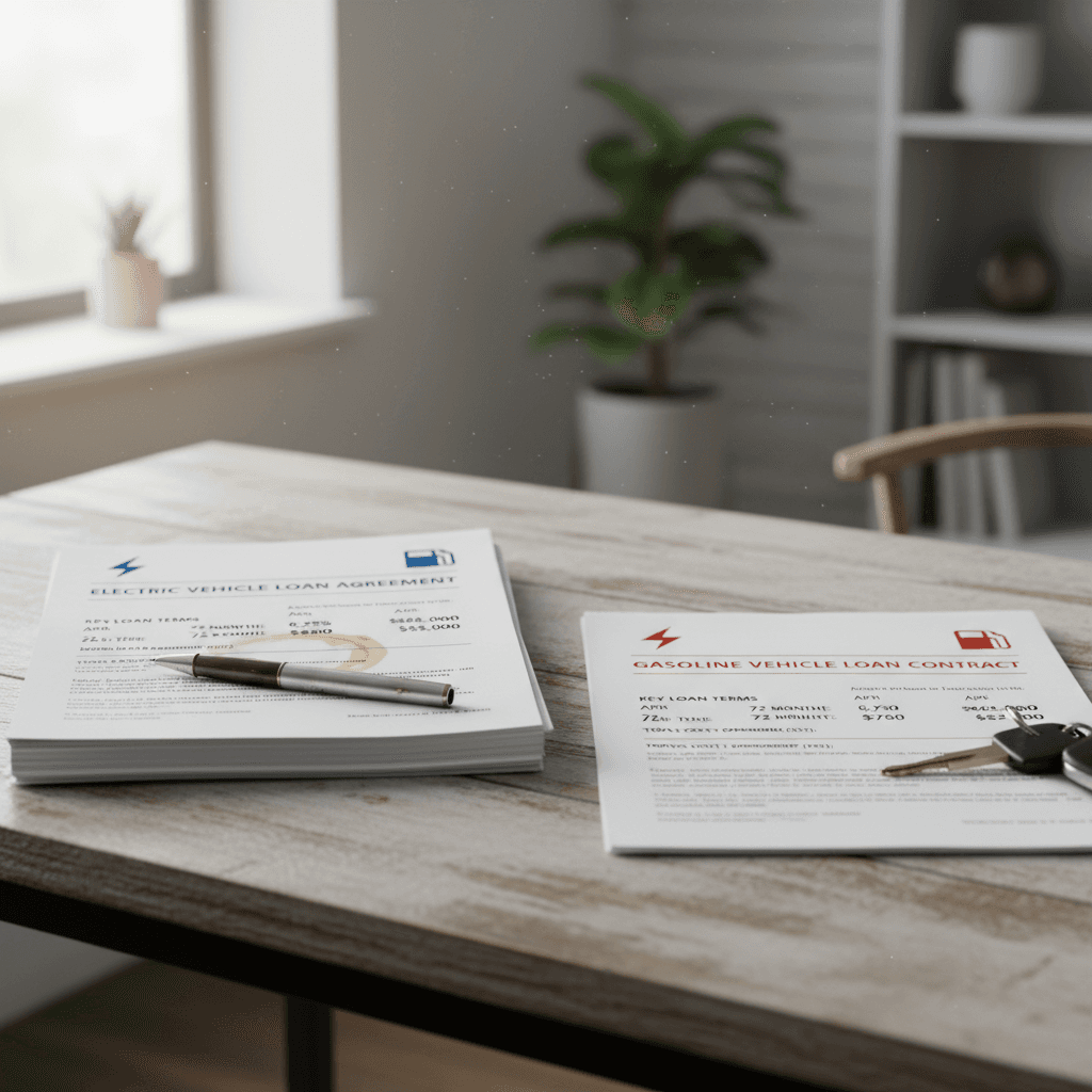 Documents for an EV purchase and a gas car purchase laid out side by side comparing loan terms and incentives