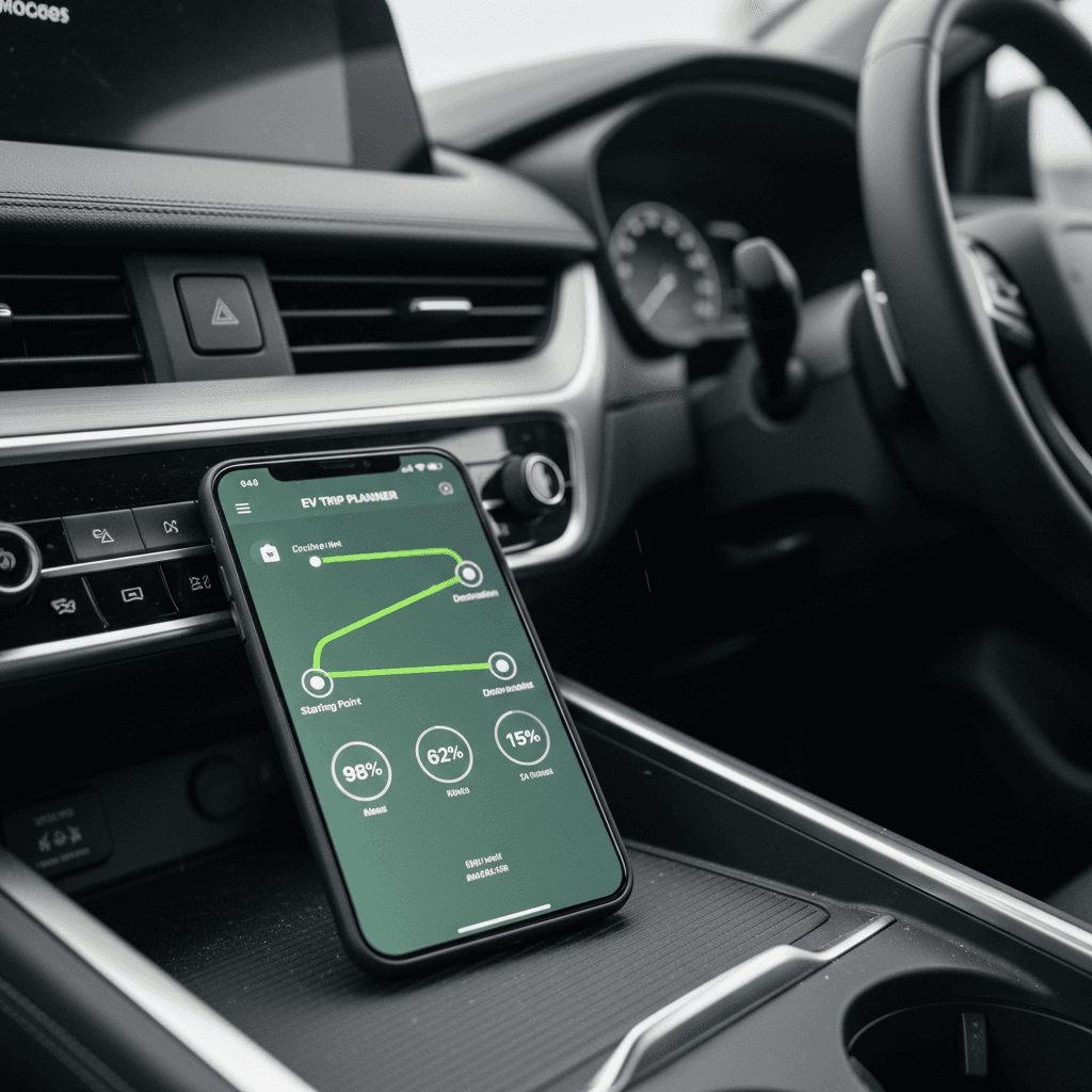 Smartphone showing an EV trip planner with a highway route, charging stops, and battery percentages for each leg of the trip