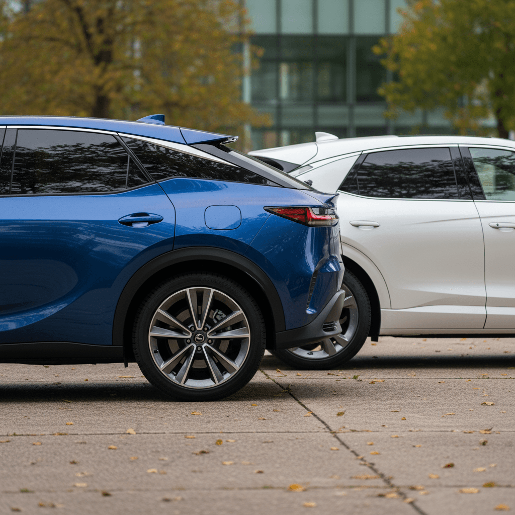 Lexus RZ and Genesis GV60 charging side by side at public fast chargers