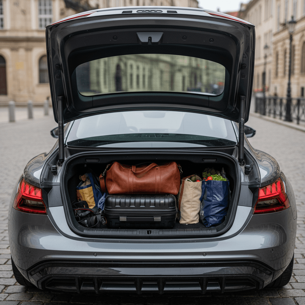 Porsche Taycan Cross Turismo rear cargo area with rear seats folded flat, showing multiple suitcases loaded through the hatch
