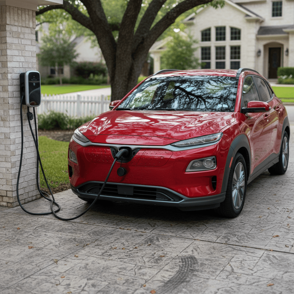 Front cabin of a 2023 Genesis Electrified GV70 showing the dual screens, two‑spoke steering wheel, and quilted leather seats