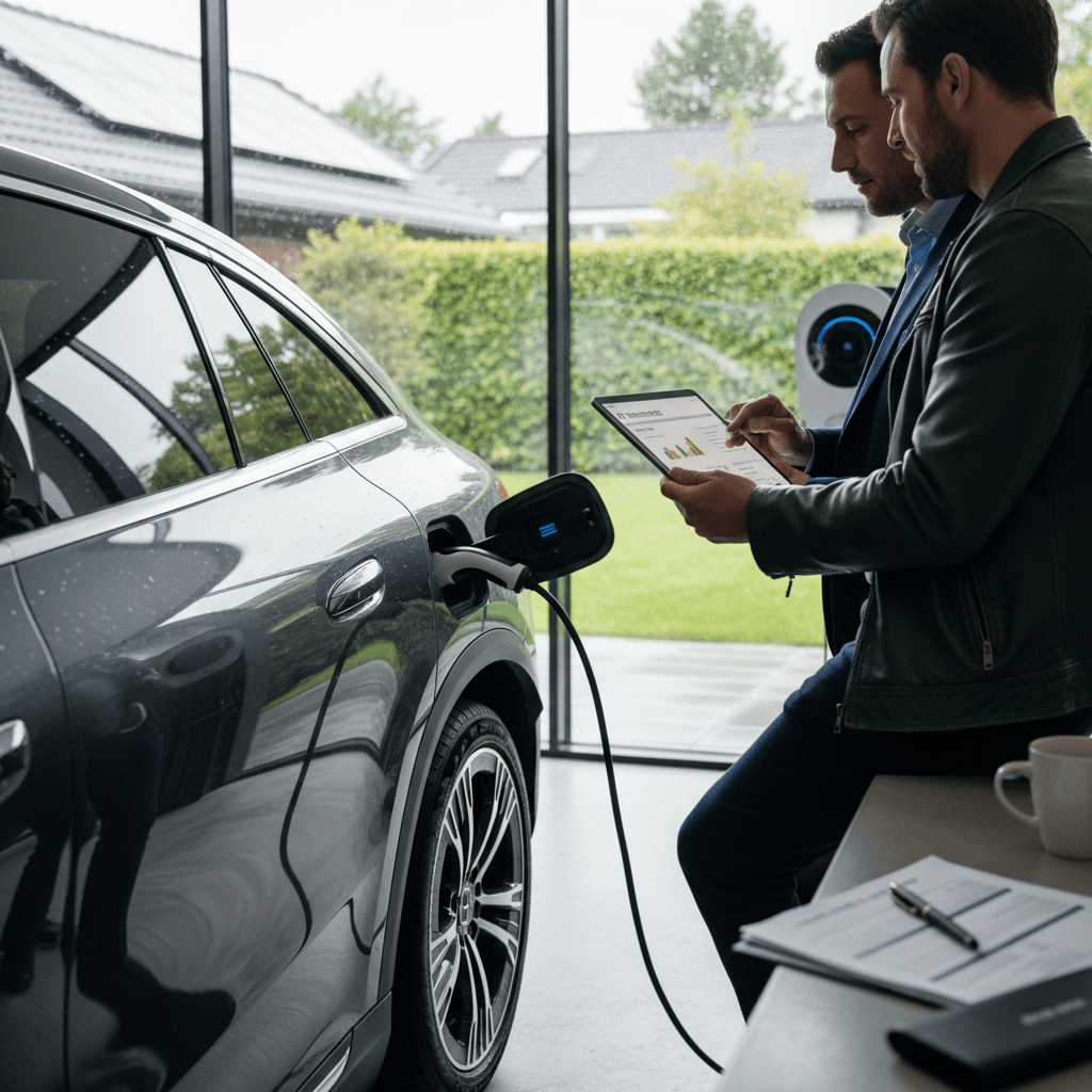 Insurance agent and Audi e-tron GT owner reviewing coverage options in front of the car