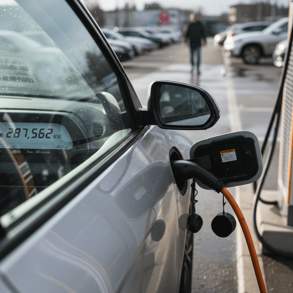 Kia EV6 plugged into a DC fast charger with charging status displayed on the dash