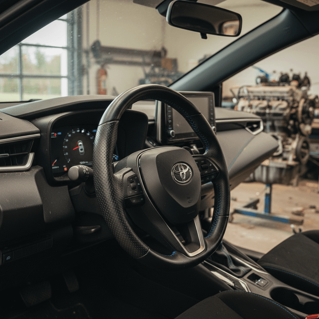 Modern Toyota Corolla dashboard and steering wheel showing infotainment and safety features