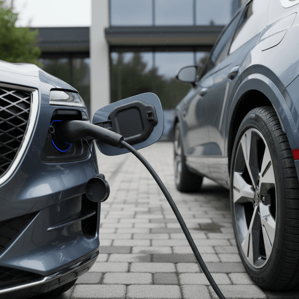 Genesis Electrified GV70 plugged into a home charger in a modern driveway