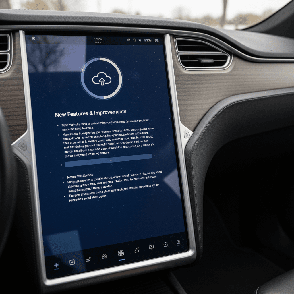 Tesla Model S center touchscreen displaying a software update progress bar and release notes