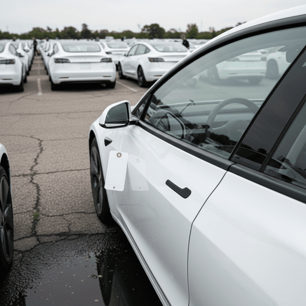 Row of Tesla vehicles charging at a Supercharger station