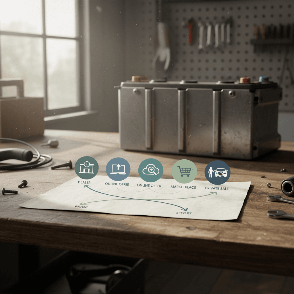 EV keys, charging cable, and service records neatly arranged as part of preparing an electric car for sale