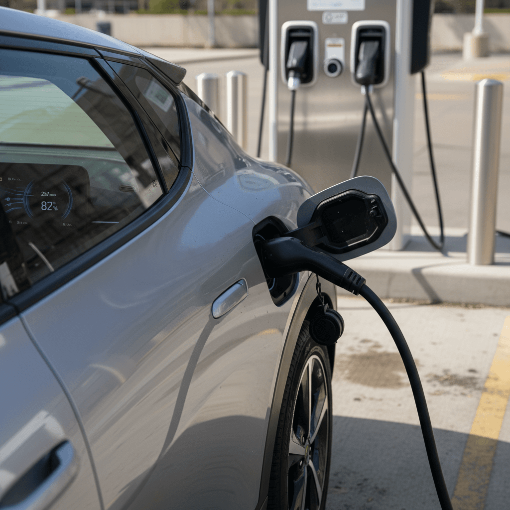 2022 Kia EV6 charging at a DC fast charger displaying remaining range estimate on digital cluster