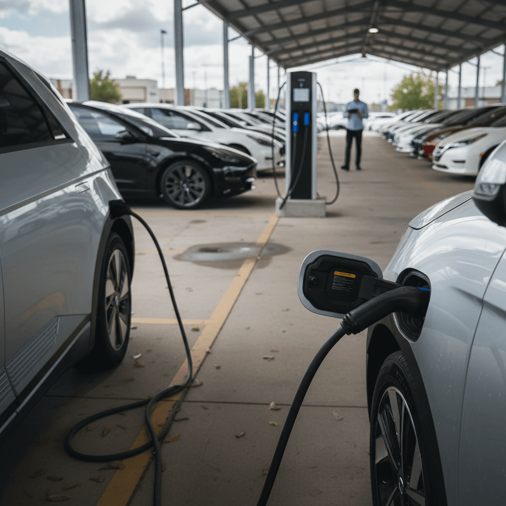 Row of used electric vehicles parked at a dealership lot