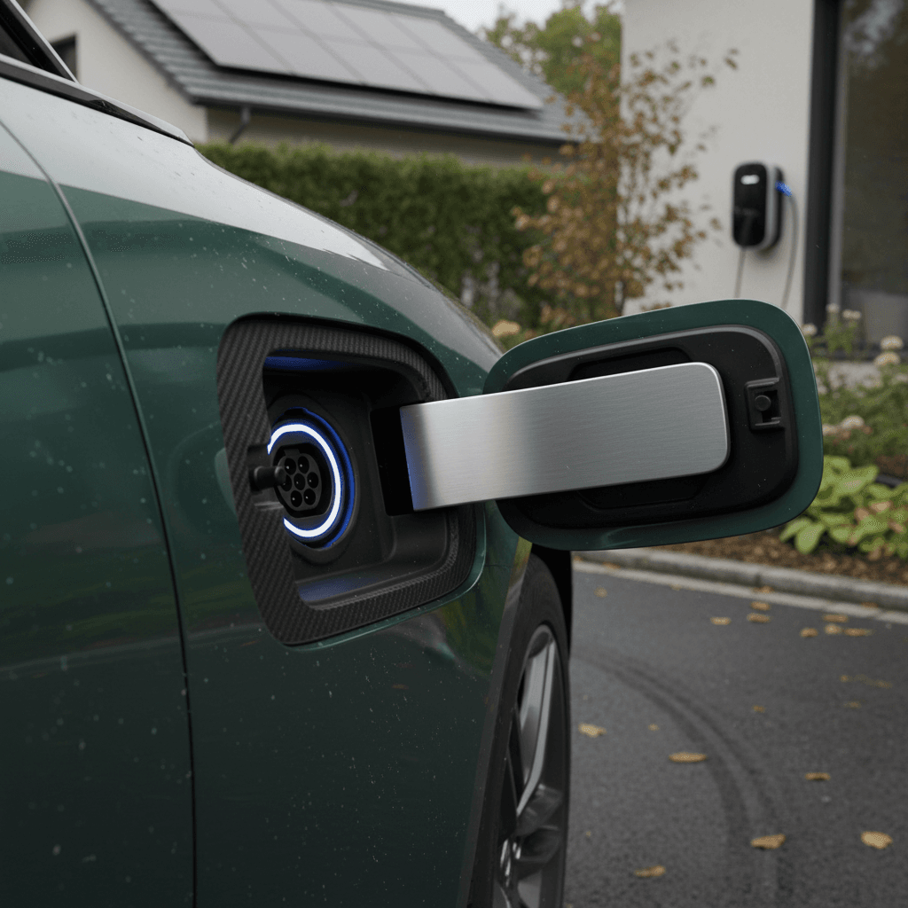 Lineup of new electric cars parked at a modern dealership