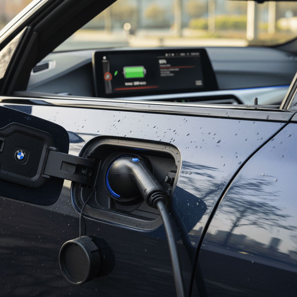 BMW i4 CCS charging port plugged into a Level 2 public charger with charging status on the in-car screen