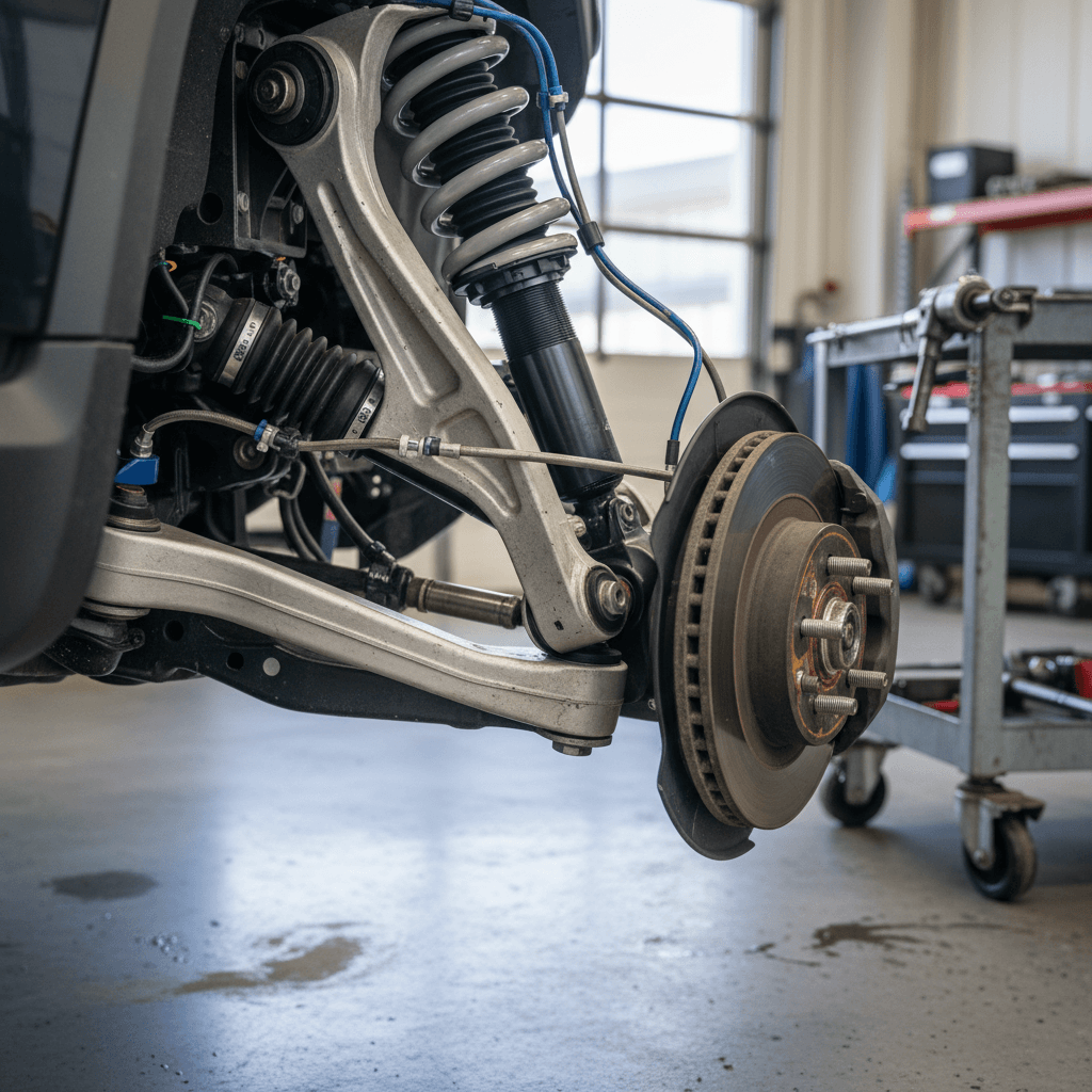 Technician inspecting a Rivian R1T front suspension, including control arms and air strut
