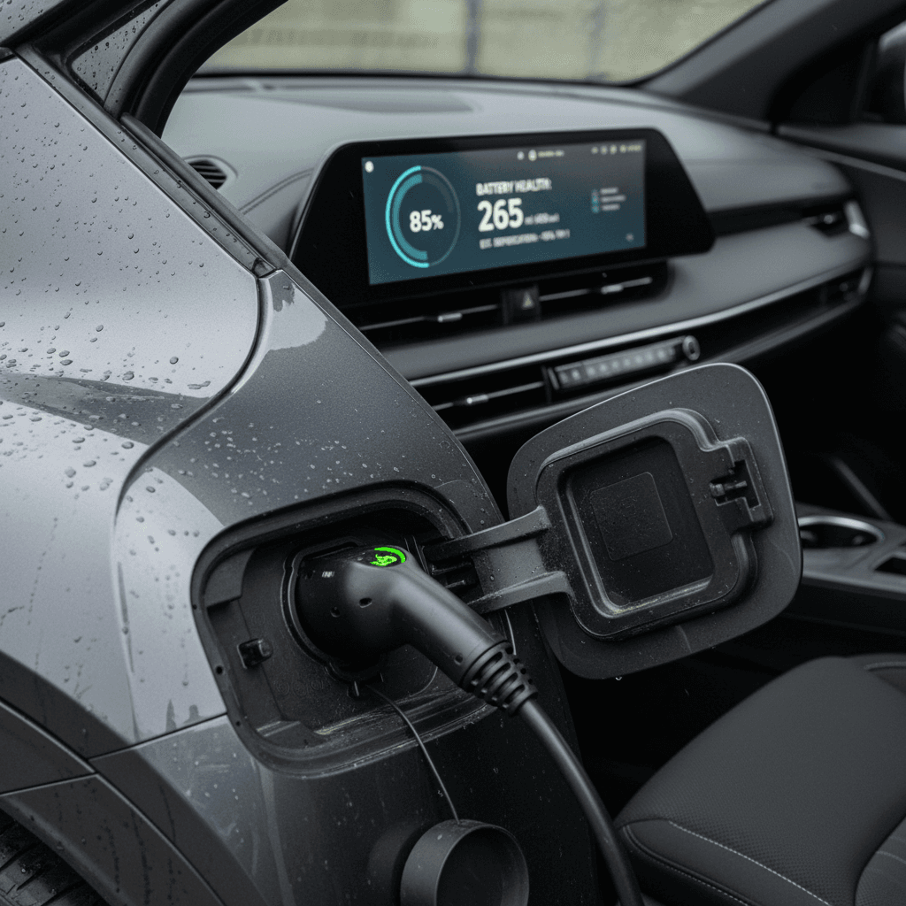 Kia EV6 interior at a charging station with battery range displayed on the central screen