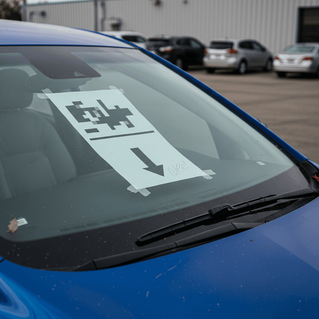 Used Chevy Bolt EV parked at a dealership row with a visible price tag in the windshield
