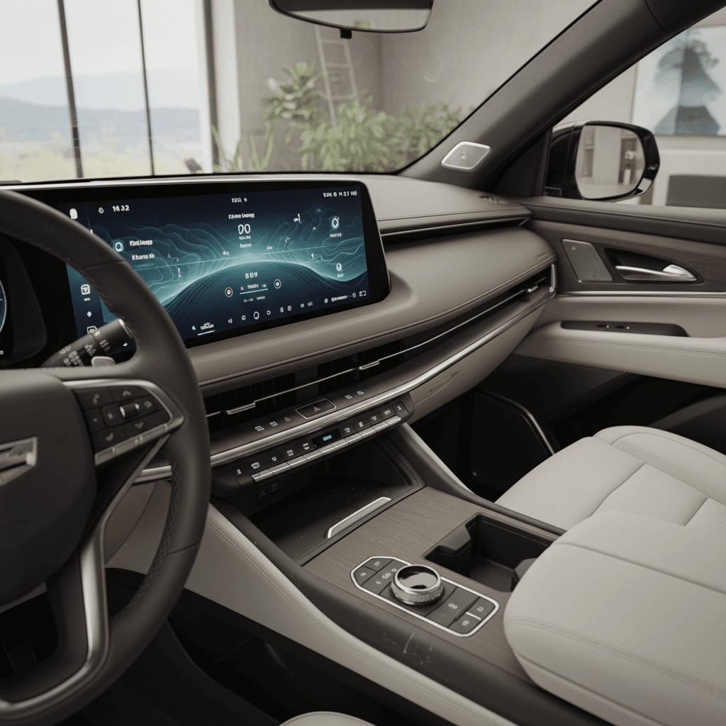 Interior of a 2026 Cadillac Escalade IQ showing the 55‑inch Horizon Display and front seats