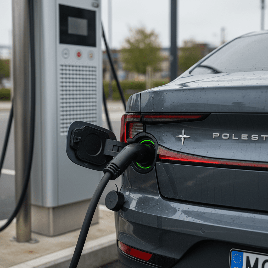 2022 Polestar 2 charging at a DC fast charger with close-up of charge port and rear badge