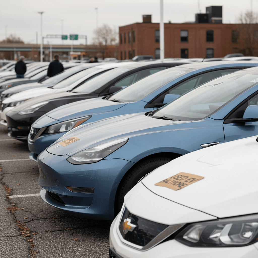 A row of used electric vehicles on a Baltimore-area dealer lot, each with price stickers on the windshield
