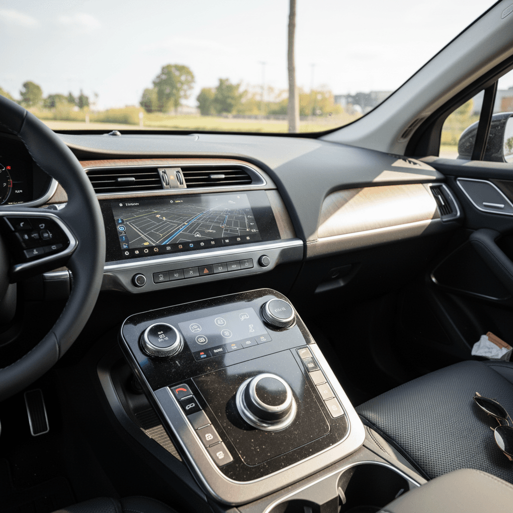 Modern Jaguar-style luxury EV interior with digital cockpit and leather seating