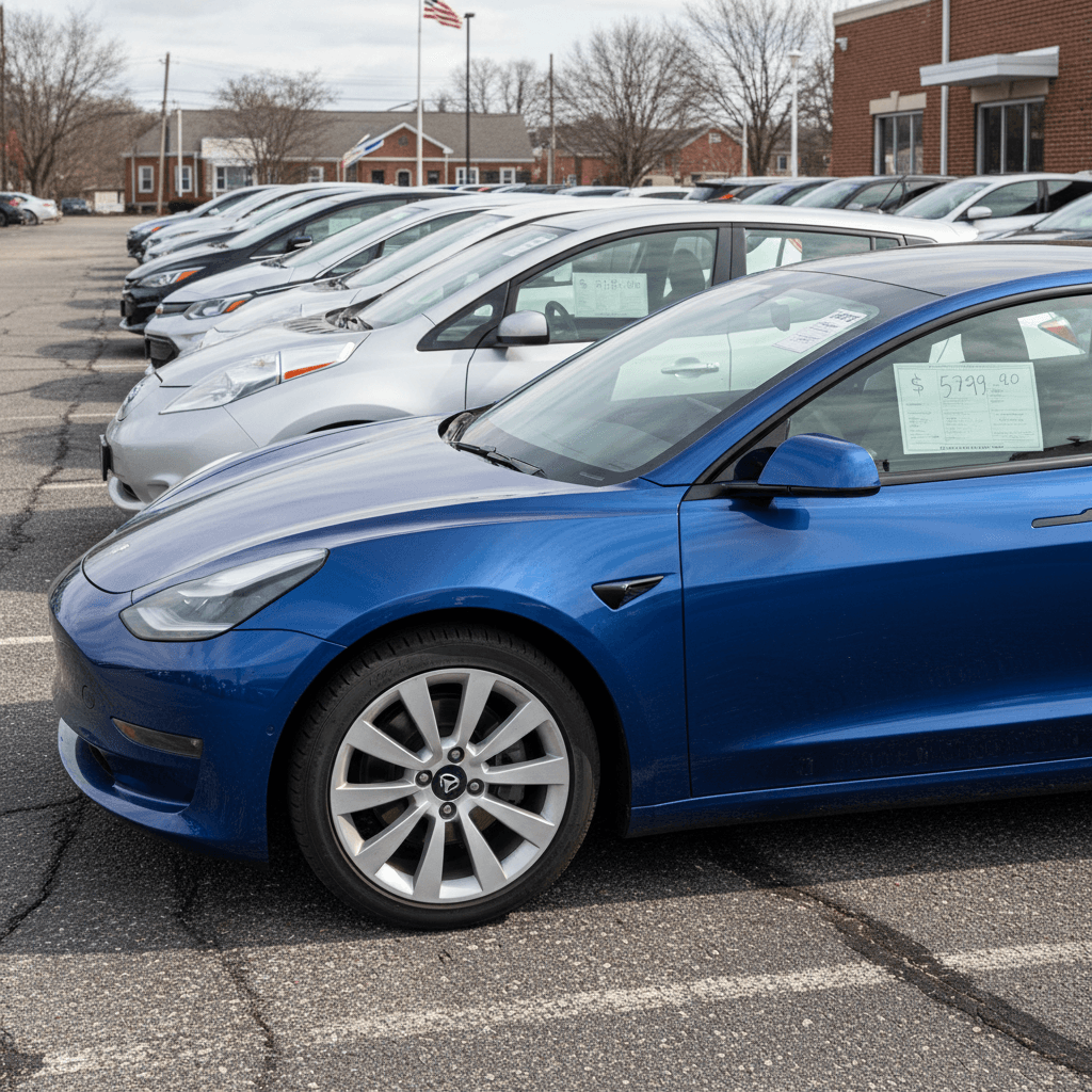 Used electric vehicles parked at a Maryland dealership lot with price stickers visible on the windshields