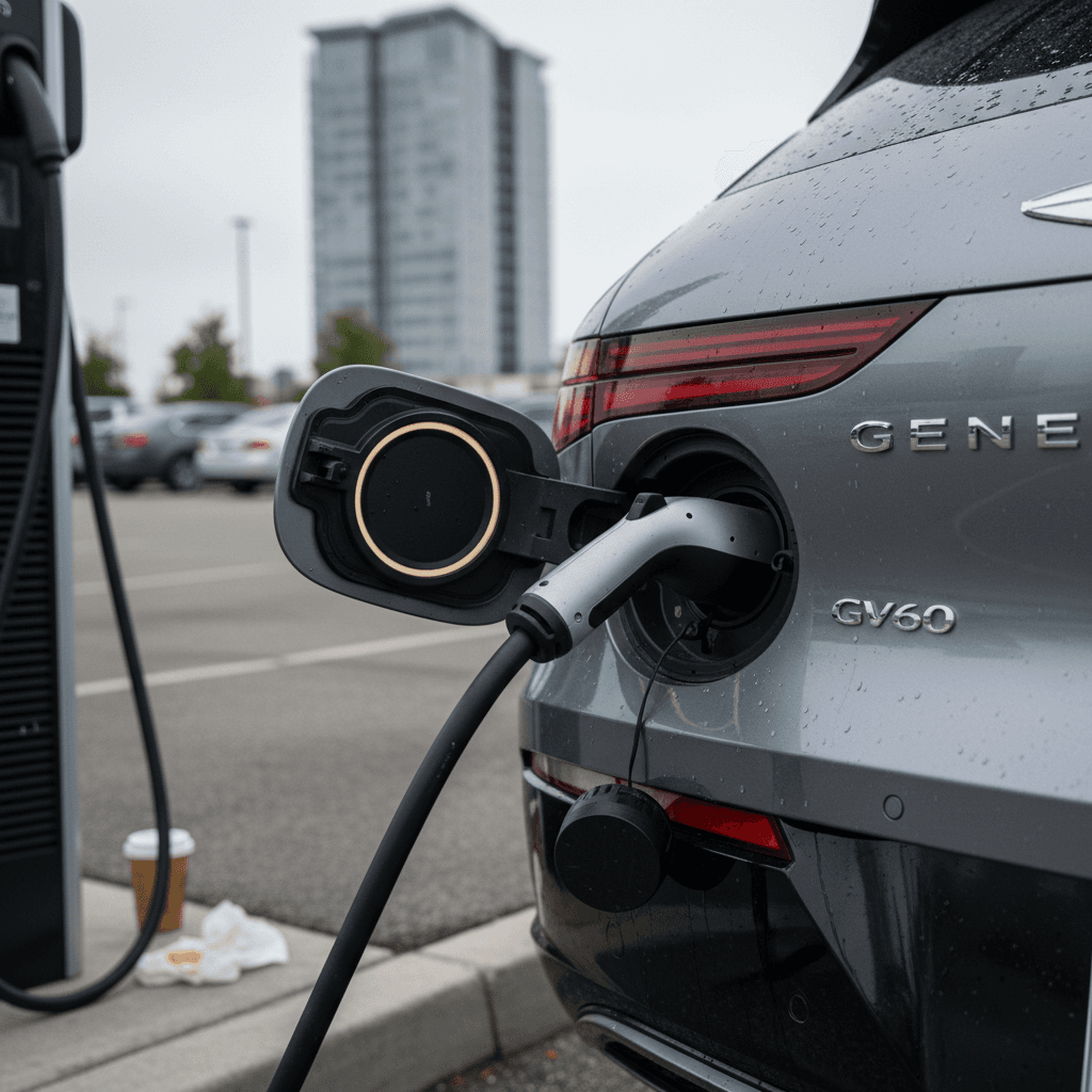 Genesis GV60 plugged into a public fast charger with the rear badge and charge port visible