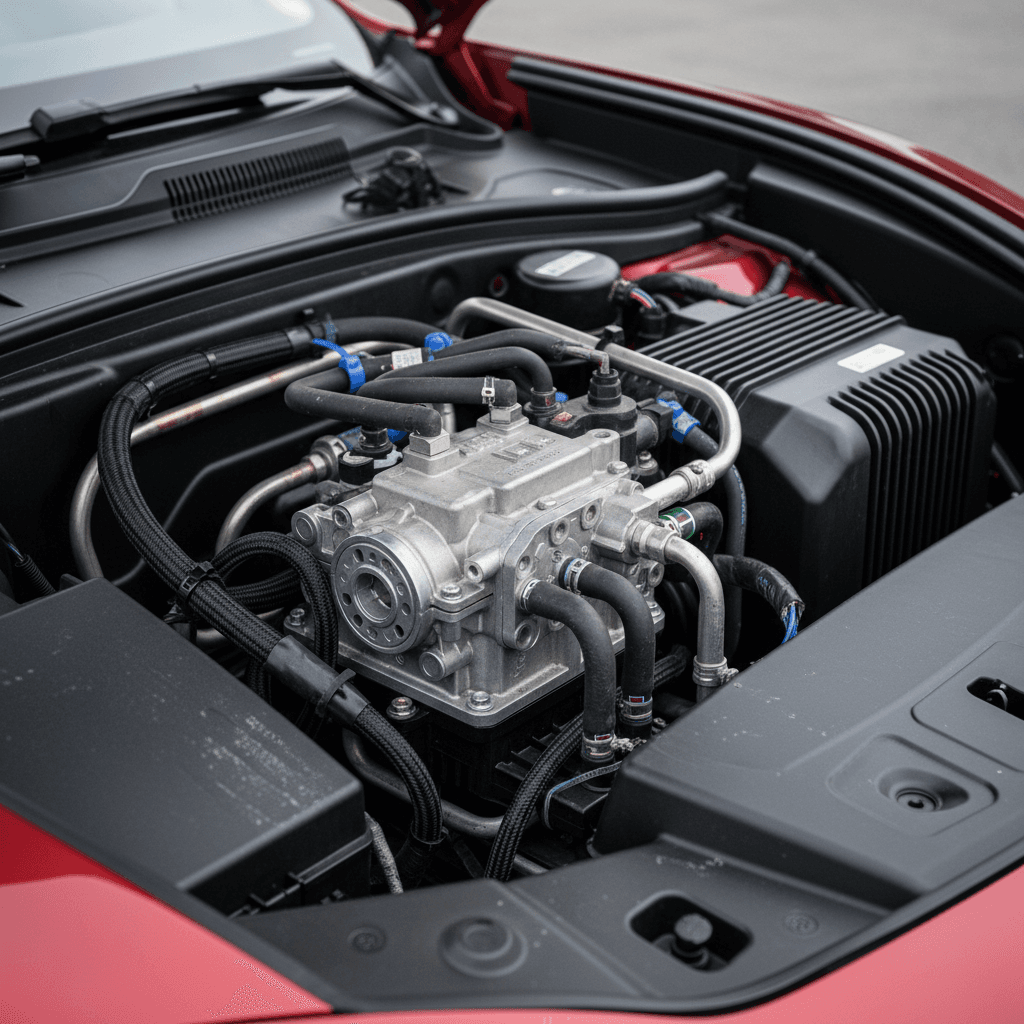 Tesla Model 3 front trunk area with trim removed, showing the heat pump and octovalve assembly