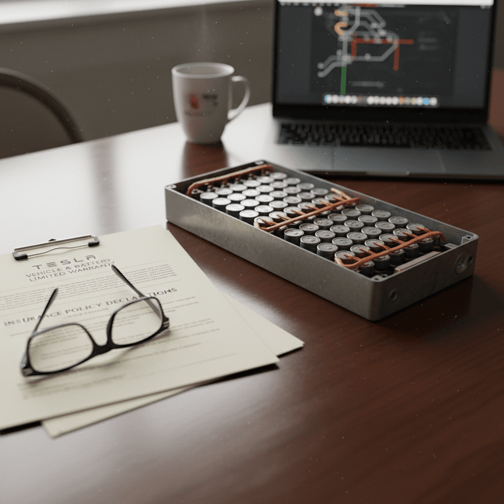 Top-down view of an EV battery pack next to an insurance policy on a wooden desk