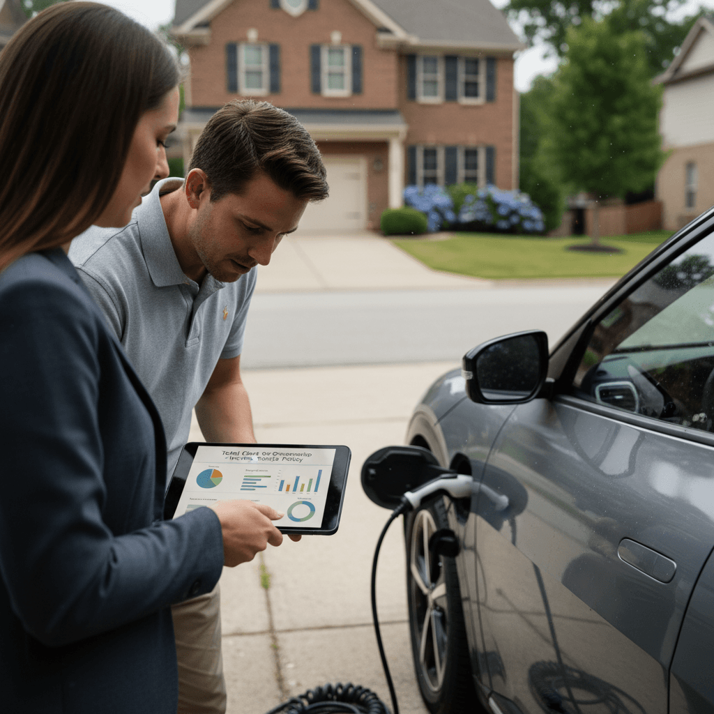Insurance agent and driver reviewing coverage options next to a parked Kia EV6 in a neighborhood driveway