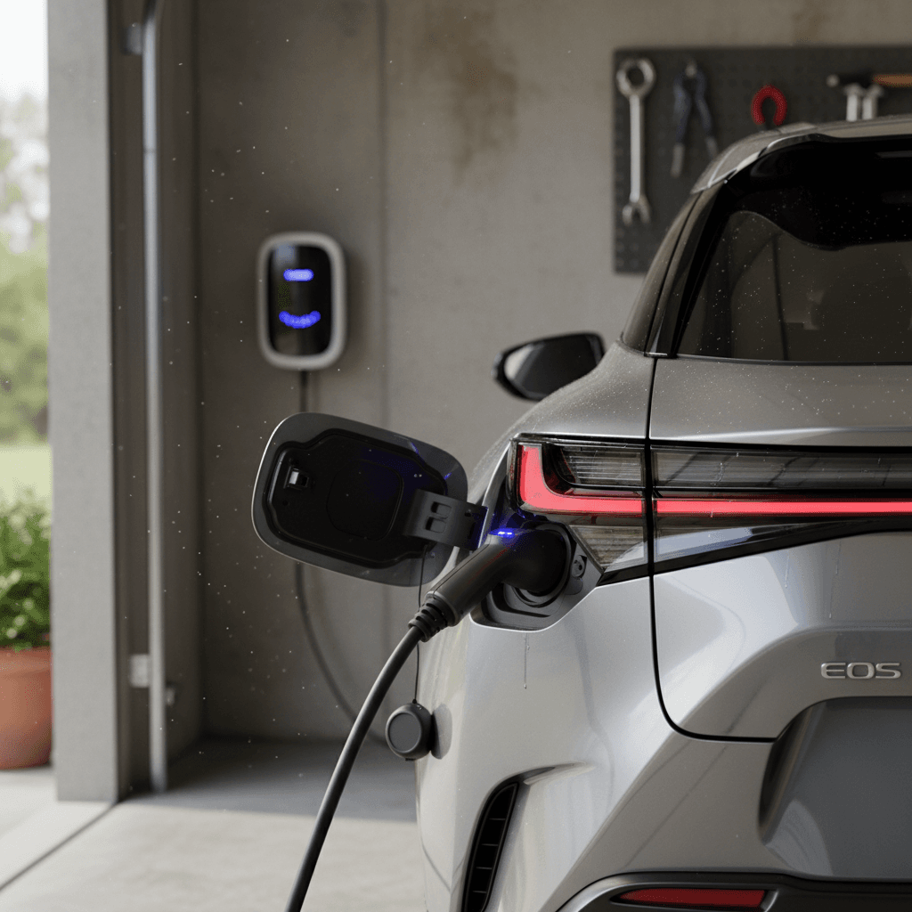 White 2023 Lexus RZ plugged into a Level 2 home wallbox, highlighting the charge port on the rear quarter panel