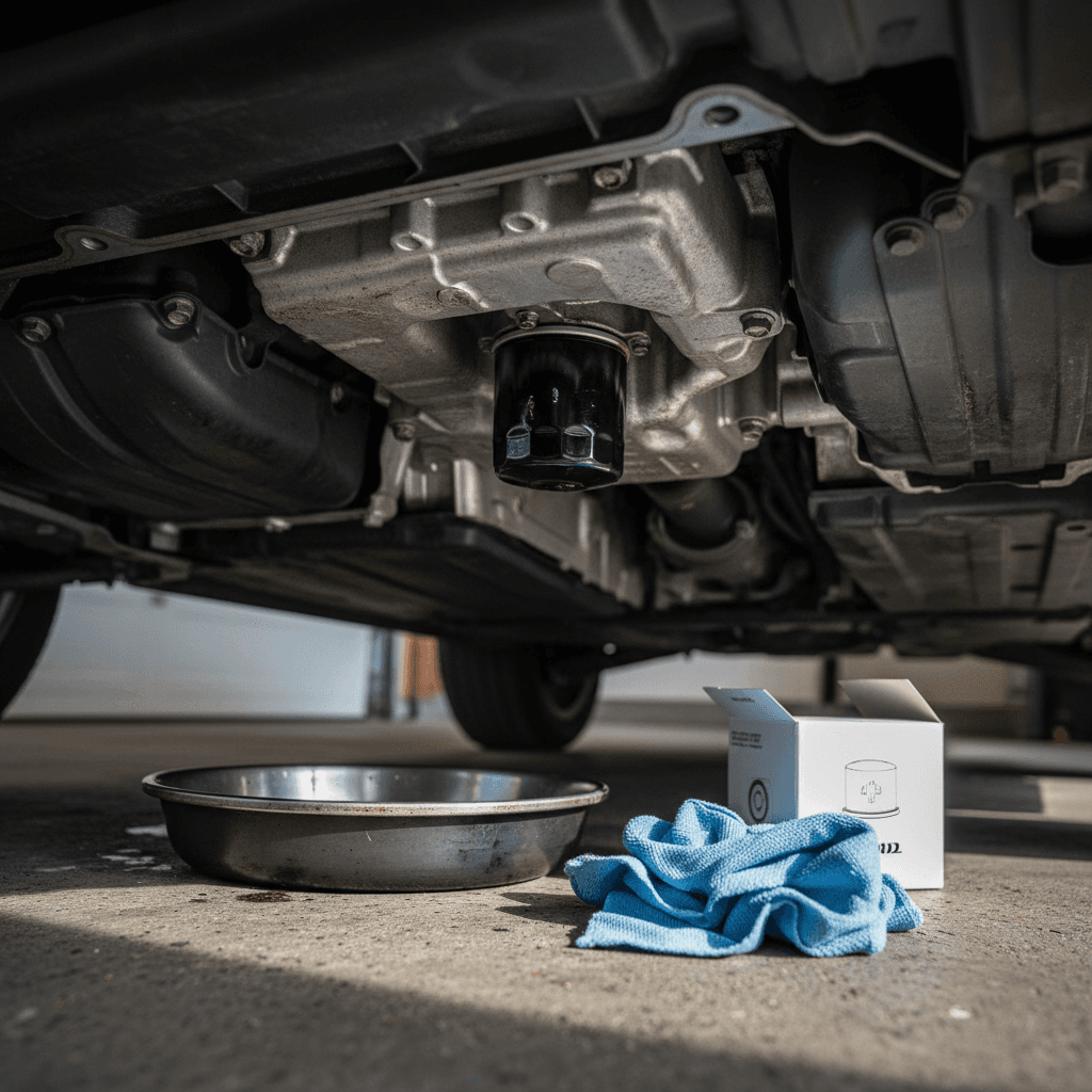 Mechanic performing an engine oil change on a compact SUV similar to a 2017 Nissan Rogue