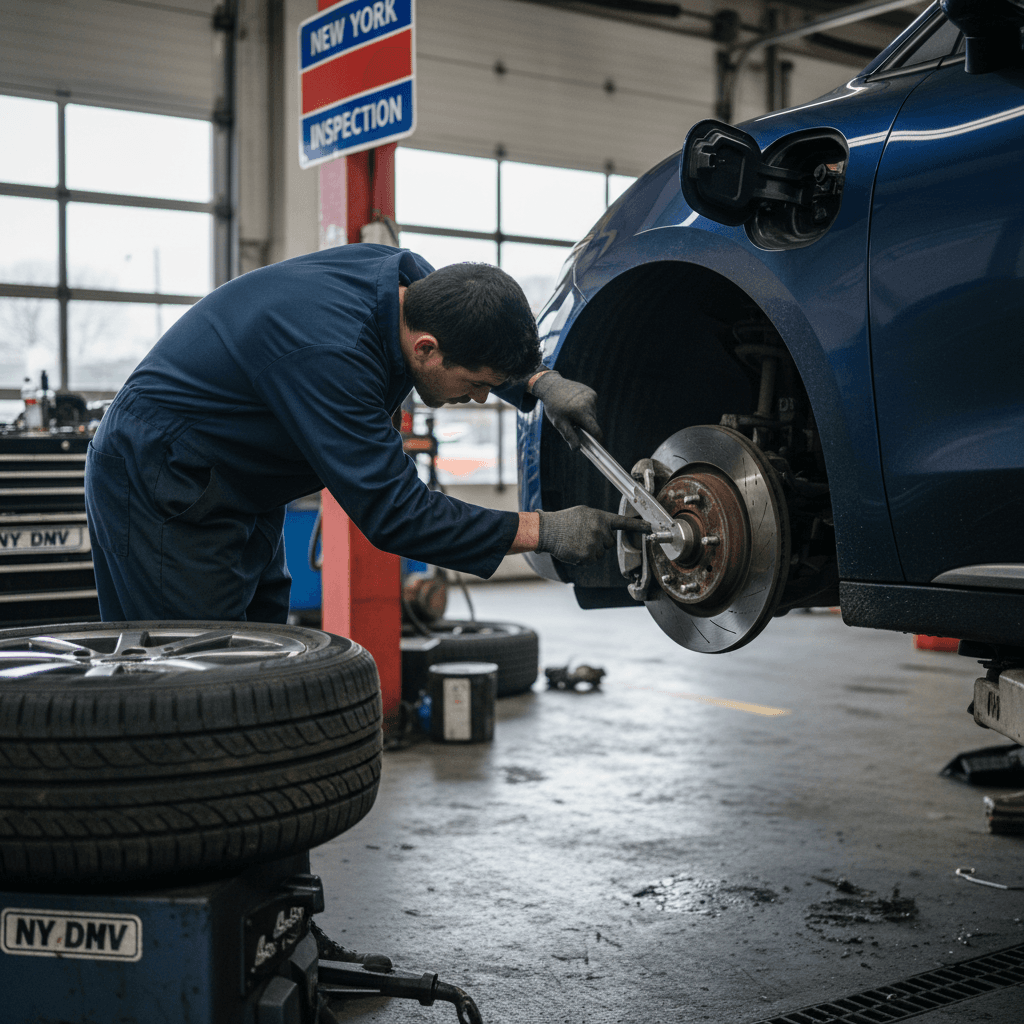 Technician inspecting the brakes and tires of an electric vehicle during New York State safety inspection