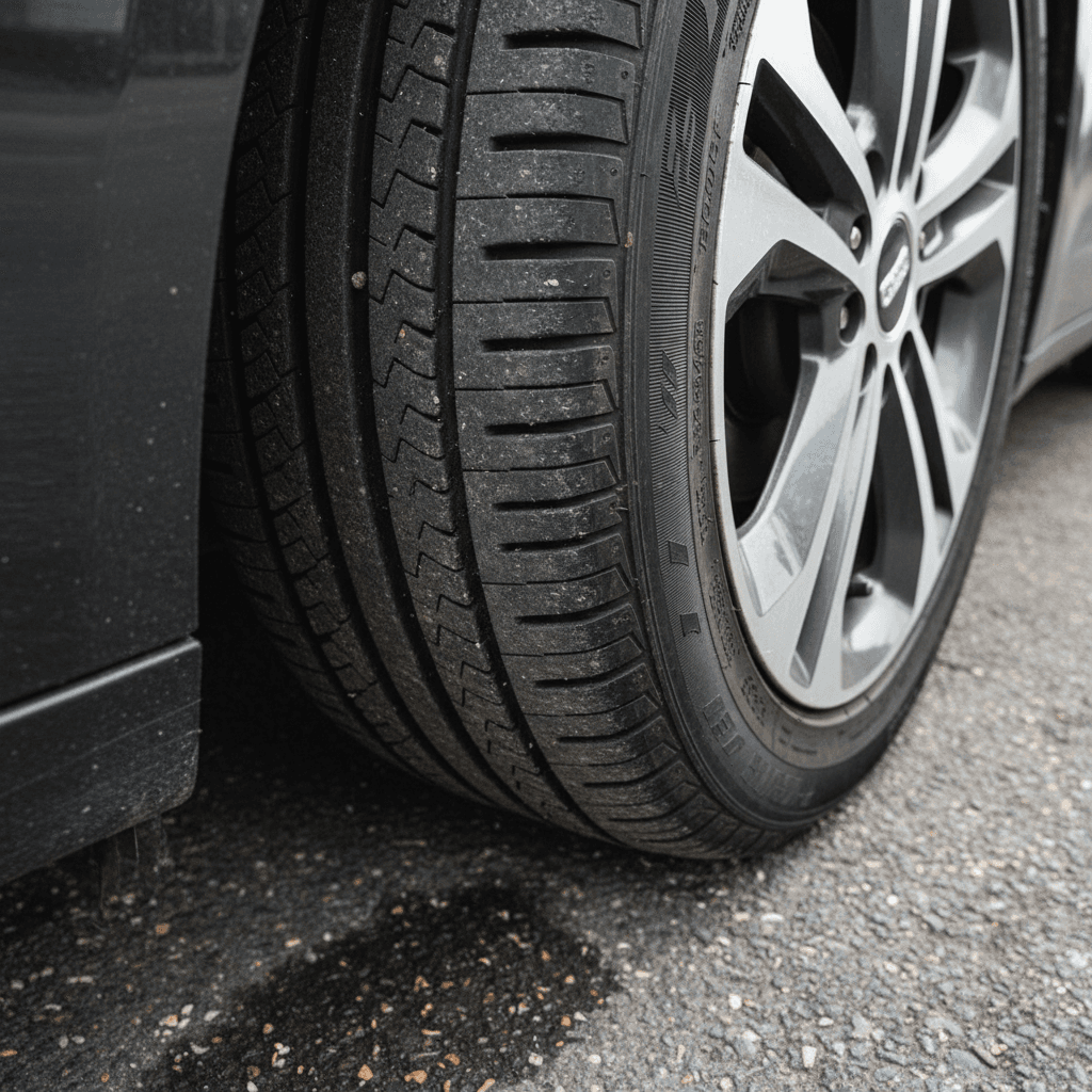 Closeup of an electric car front wheel and tire parked in a driveway