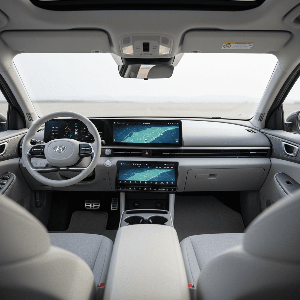 Interior of a 2023 Hyundai IONIQ 5 with dual widescreens and flat floor