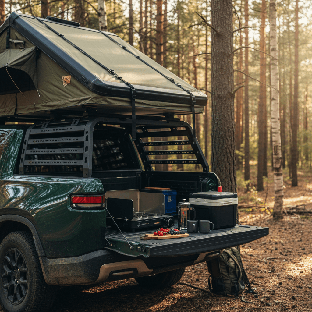 Rivian R1T at campsite with tailgate down, showing organized camping gear in bed and access to gear tunnel