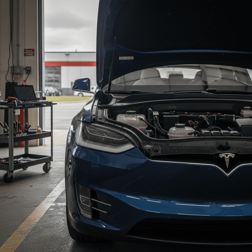 Tesla Model X parked outside a service center, with the hood and windshield visible as if awaiting inspection