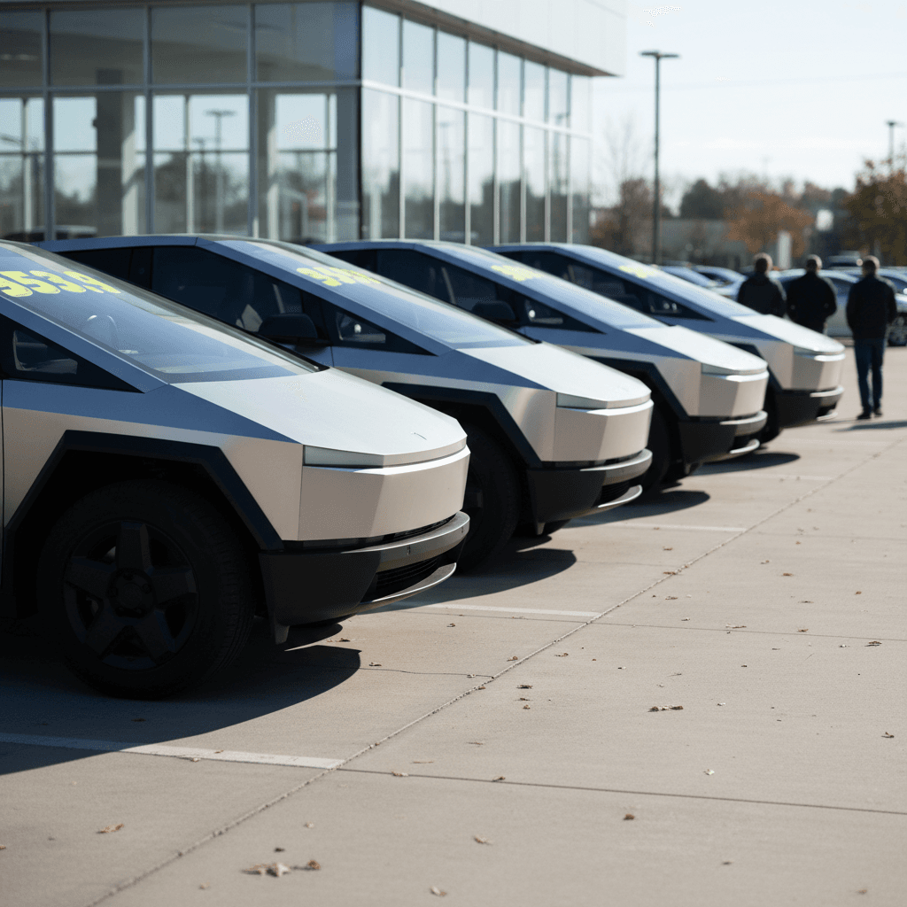 Lineup of Tesla Cybertrucks and rival electric pickups parked on a dealer-style lot, suggesting a used EV truck marketplace