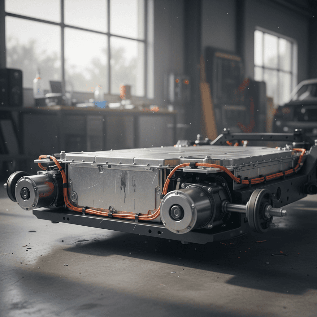 Undercarriage view of an electric car showing dual motors driving front and rear axles