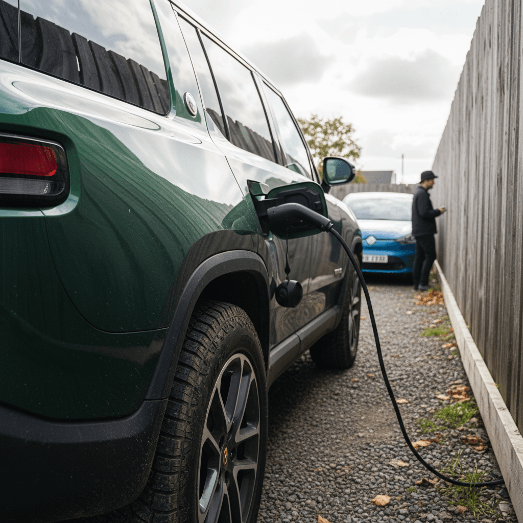 Row of used AWD SUVs and crossovers lined up on a dealership lot