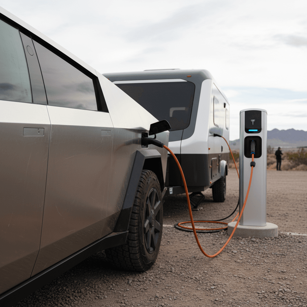Tesla Cybertruck hitched to a camping trailer charging at a Supercharger station