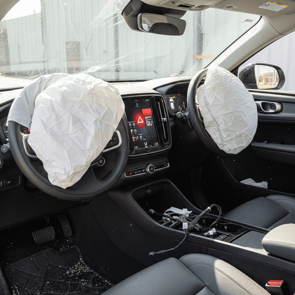 Volvo C40 Recharge interior highlighting airbags, digital dash and driver-assistance icons