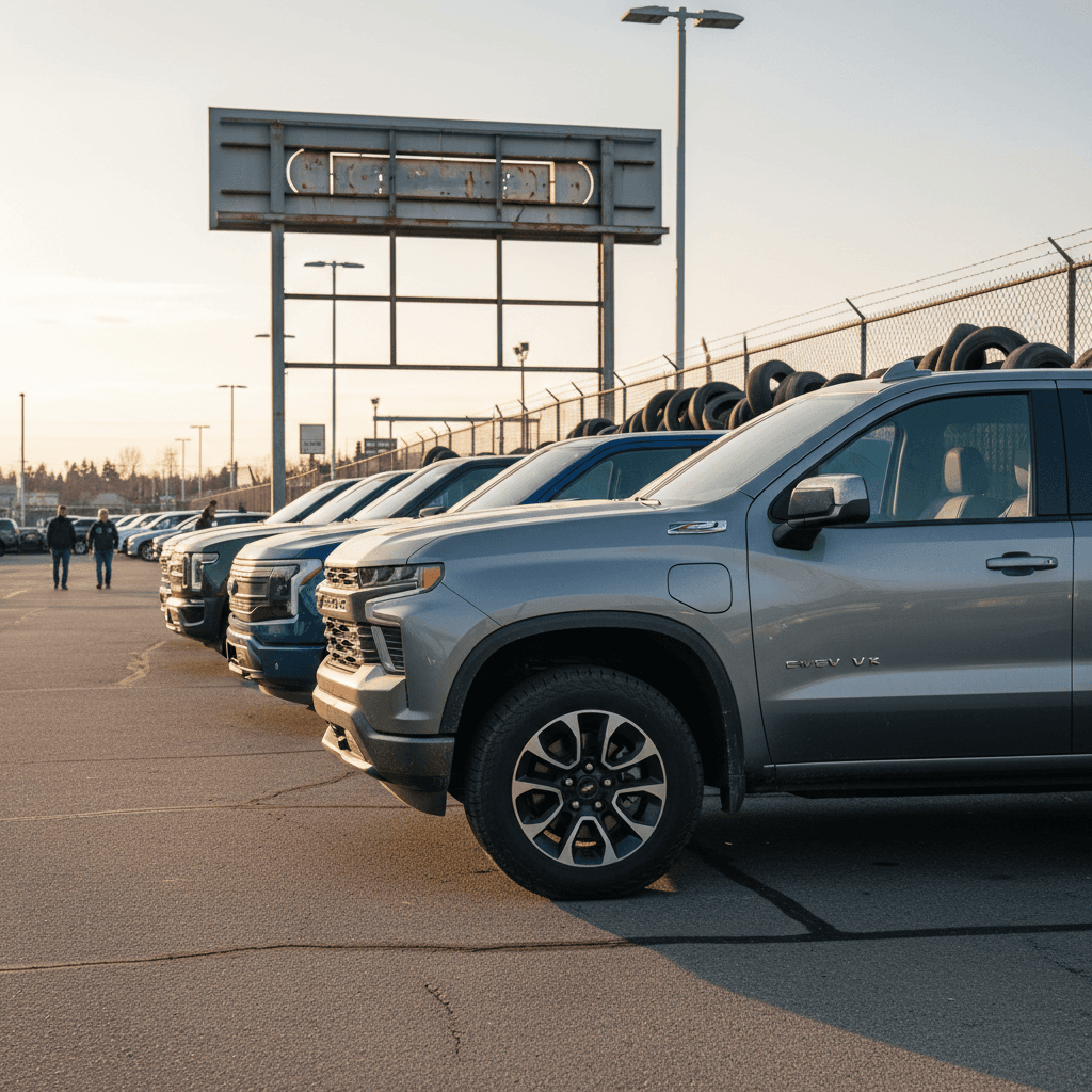 Lineup of used Chevy Silverado EVs and other electric pickups parked at a dealership lot