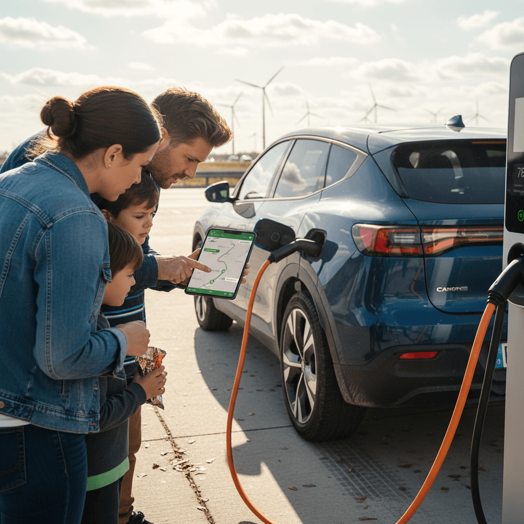 Family with an electric SUV plugged into a highway fast charger while checking their route on a smartphone