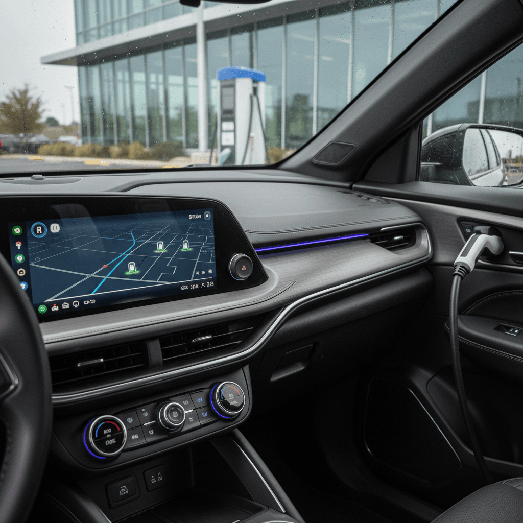 Driver plugging a Chevy Blazer EV into a Level 2 home wall charger in a modern garage