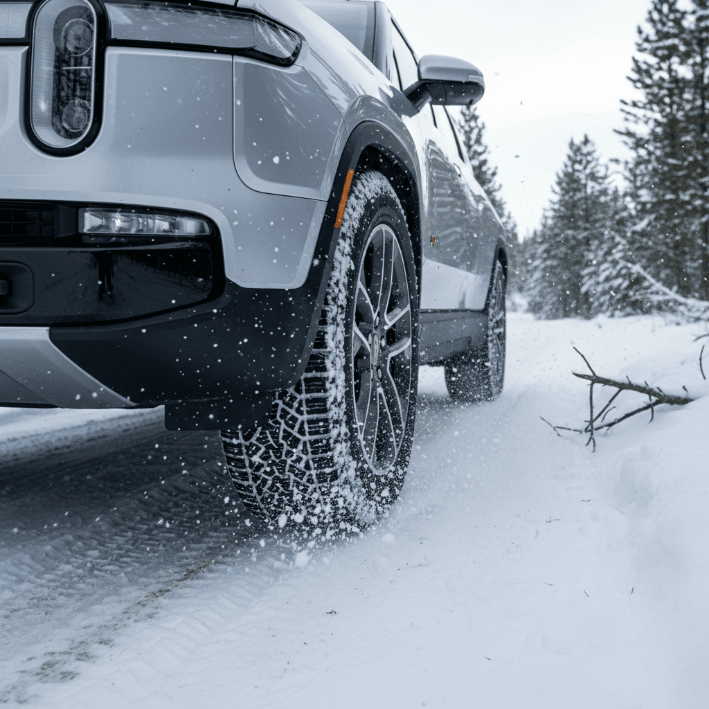 Close view of a Rivian R1S wheel and winter tire biting into packed snow on a mountain road